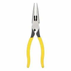 Needle-nose pliers with an overall length of 8 1/2 in, jaw length of 2 3/8 in, and tip width of 1/8 in. Features a built-in cutter for wire cutting. Suitable for precision gripping, bending, and cutting in confined spaces.