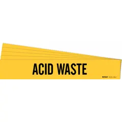 Yellow adhesive pipe markers with black 'Acid Waste' legend, designed for pipes with outer diameters from 2-1/2 to 7-7/8 inches. Each pack contains 5 markers without directional arrows. Used to identify piping carrying corrosive acid waste in industrial facilities.