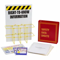 Red wall-mount safety station, 20 in H x 14 in W x 5 in D, for centralizing hazard communication materials such as SDS sheets and training records. Mounting hardware not included.