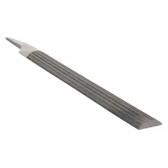 Single edge cut, smooth cut machinist's file with a regular taper and natural finish. Half-round shape combines double-cut and single-cut surfaces for material removal on flat and curved workpieces. Suitable for precision metalworking, deburring, and tool and die applications.