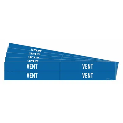 BRADY Pipe Marker: Vent, White, Blue, Fits 3/4 to 2 3/8 in Pipe O.D., 4 Pipe Markers - Vent Adhesive Pipe Markers