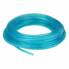 Metric polyurethane tubing with 10 mm inner diameter and 12 mm outer diameter, 100 ft length, blue color. Hardness Shore A 90 to 95, maximum operating pressure 150 psi at 180°F. Suitable for pneumatic and fluid transfer applications in industrial automation and robotics.