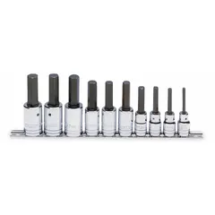 This 25-piece hex bit socket set from PROTO features a 1/2 in drive and tip sizes from 6 mm to 19 mm. It includes 10 pieces and is designed for driving hex fasteners in industrial assembly, maintenance, and repair applications.