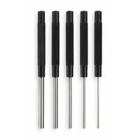 This 5-piece punch set includes flat-tip punches with tip diameters of 1/8 in, 3/16 in, 1/4 in, 5/16 in, and 3/8 in. Made of steel with SAE sizing, the set is used for driving and removing pins in assembly, maintenance, and repair tasks
