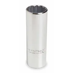 This 1/2" drive hand socket has a 21 mm, 12-point, deep design for accessing recessed fasteners. The chrome finish resists corrosion. Suitable for fastening and loosening metric hex fasteners in automotive repair, industrial maintenance, and machinery assembly.