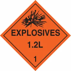 Class 1: Explosives placard measuring 10 3/4 in x 10 3/4 in with a 10 3/4 in label height. Displays the message 'Explosives 1.2 L 1' for identifying containers holding Division 1.2 materials with compatibility group L. Used for hazardous material transport and storage identification.