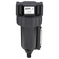 Particulate filter for compressed air systems, removing solid contaminants down to 5 micron. Features 1/2 in NPT ports, 85 cfm flow capacity, and 250 psi maximum operating pressure. Suitable for installation in industrial air lines to protect downstream pneumatic components.