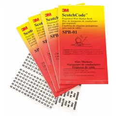 Preprinted wire marking label sheets from 3M, featuring black legends on a white background. Each sheet includes numbers 1 to 15, with 426 labels per 5-pack. The labels are made of vinyl impregnated cloth film, suitable for identifying wires in control panels, security systems, and facility maintenance.