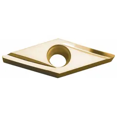 This diamond indexable turning insert is used for precision machining of non-ferrous materials such as aluminum alloys, copper, and plastics. It is suitable for turning, boring, and facing operations requiring high surface finish and extended tool life.