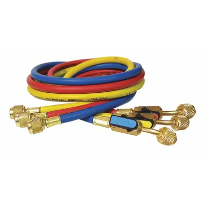 PRO-SET Hose Set: 5 ft Lg, 0° Angle, Blue/Red/Yellow, Nylon, 3 Hoses - Charging Hose Sets