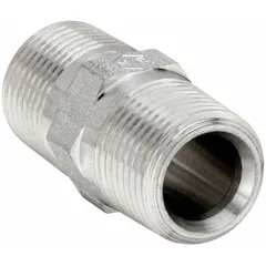 Straight pipe fitting made from 316 stainless steel. Connects two male threaded pipes in high-pressure systems. Rated for 6000 psi. Length 1 29/64 in. Suitable for extreme-pressure fluid handling in industrial applications.