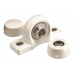 Polymer-housed pillow block ball bearing with set screw locking, designed for applications requiring NSF H1 incidental food contact compliance. Features a 1 19/64 in shaft height, 5 in overall length, and 3/8 in mounting bolt size. Suitable for conveyor and processing equipment in washdown environments.
