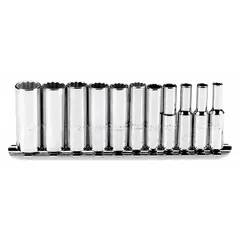 This 11-piece socket set includes 12-point metric sockets ranging from 5 mm to 14 mm with a 1/4 in drive. Suitable for fastening and loosening nuts and bolts in automotive repair, industrial maintenance, and general mechanical work. Not tether capable and does not include socket bits.