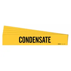 Yellow adhesive pipe marker with black 'Condensate' legend for identifying condensate lines in piping systems. Fits pipe outer diameters from 2-1/2 to 7-7/8 inches. Pack of 5 markers, each without directional arrows.
