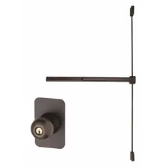 Bronze rim exit device with touchbar style and knob outside trim. ADA compliant. Suitable for commercial doors requiring push-bar egress, such as in offices, schools, and hospitals.