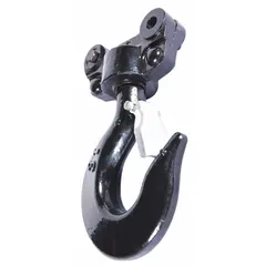 This top hook assembly is a replacement component for manual chain hoists. It includes a safety latch and is rated for a compatible load capacity of 6,000 lb. Typical applications include lifting and positioning loads in industrial maintenance, warehousing, and assembly operations.