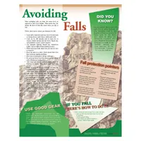 Falls protection poster with a nominal size of 22 in x 17 in, printed in English. Features a write-on surface for adding site-specific instructions. No protective coating; frame not included. Suitable for use in industrial workplaces to communicate fall safety procedures