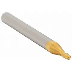 Solid carbide ball end mill with TiN coating and 4 flutes. Mill diameter 9/64", length of cut 9/32", overall length 2". Used for contouring, slotting, and profiling in CNC machining, particularly for 3D work on molds and dies.