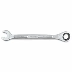 This SAE spline ratcheting combination wrench features a 1 1/8 in head size with a reversing mechanism, allowing direction change without removal. Constructed from alloy steel with a full polish chrome finish, it is suited for tightening and loosening fasteners in maintenance, assembly, and repair tasks.