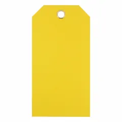 Yellow polyester shipping tag with pre-tie elastic for secure attachment. Measures 5 3/4 inches high by 2 7/8 inches wide, 30-point card stock thickness. Suitable for identifying and tracking shipments, inventory, or work-in-progress in industrial environments. Sold in pack quantity.