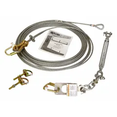 This reusable horizontal lifeline kit is designed for installation at fixed anchorage points. It includes a 120 ft steel lifeline and two 416 stainless steel D-bolt anchors, with a capacity of 310 lb. The system is bolt-on and intended for use with a lifeline energy absorber to arrest falls on elevated surfaces.