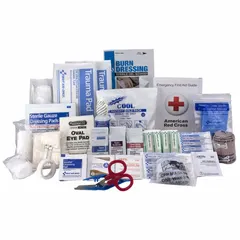 Bulk, latex-free first aid kit refill containing 184 components for 50 people. Includes 80 adhesive bandages, burn dressing, and eyewash. Meets ANSI Z308.1-2021 standards. Suitable for construction sites and industrial environments.