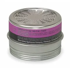 Threaded combination cartridge/filter for MSA Comfo Twin-Cartridge Series reusable respirators. Provides protection against organic vapors and particulates with a NIOSH P100 rating. Color-coded black/magenta. Sold in a 6-pack.
