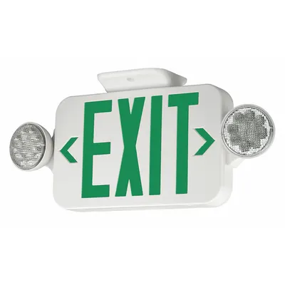 COMPASS Exit Sign with Emergency Lights: White, 1 or 2 Faces, Green, LED, Ceiling/Wall - Plastic Exit Signs with Round Side-Mount Light Heads