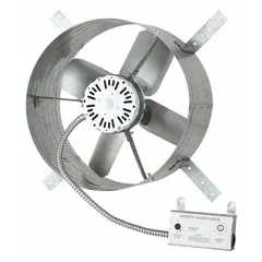 This gable-mount attic exhaust fan is designed for attics up to 2,300 sq ft, delivering up to 1,650 cfm at 0.000 in SP. It operates on 120V AC at 4 A with a standard-efficiency motor and includes both a thermostat and humidistat for automatic temperature and humidity control. The unit does not include a shutter or fire safety shut-off and is not intended for high-static-pressure applications.