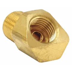 This brass inverted flare tube fitting elbow connects 1/4 in OD tubing to 1/8 in pipe threads. It features a 7/16-24 thread size A and is UL Listed. Suitable for hydraulic, pneumatic, and fluid-handling systems, including fuel, oil, and refrigerant lines. Sold in a 10-pack.
