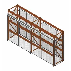 This wire mesh enclosure kit is designed to secure pallet rack storage areas, preventing unauthorized access and falling items while maintaining visibility and airflow. Constructed from 10 gauge steel with a powder-coated gray finish, the kit includes two sliding doors and all necessary hardware for installation. Suitable for use in warehouses and distribution centers.