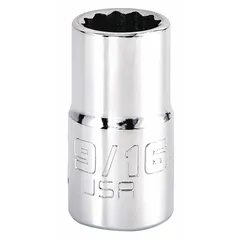 This 1/2" drive hand socket features a 9/16" SAE hex size with a 12-point configuration for engaging hex fasteners. The chrome finish provides corrosion resistance for general industrial and automotive use. Not tether capable.