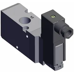 Three-way, two-position solenoid valve from the SMC VP500 series. Normally closed, single solenoid operated with female 3/8 NPT ports. Rated for 24V DC. Used for pneumatic directional control in automation systems, such as actuating single-acting cylinders or providing pilot signals.