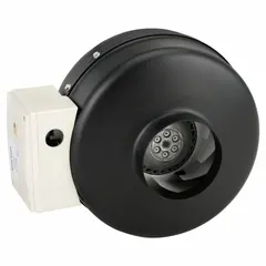 This inline duct fan moves up to 147 cfm of air through a 4-inch duct. It operates on 120V AC single-phase power with a standard-efficiency motor and includes a mounting bracket. The fan is speed controllable and suitable for general ventilation in duct systems.