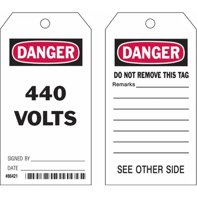 BRADY Danger Tags: Black/Red/White, Cable Tie, 10 Tags, Electrical Hazard, English - Danger/440 Volts Signed By: Date: / Danger/Do Not Remove This Tag Remarks: Tags