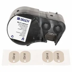 This cartridge contains 65 precut oval polyethylene tags with a matte finish, printed black on gray. Each tag measures 3/4 in x 1 7/32 in and features a top hole. Designed for indoor use, it is compatible with the BMP51 printer series. Typical applications include asset identification, equipment labeling, and general industrial tagging.