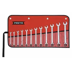 This 12-piece metric wrench set includes 12-point ratcheting combination wrenches in sizes from 8 mm to 19 mm. Made of alloy steel with a chrome finish, the set is supplied in a tool roll for organized storage. Suitable for tightening and loosening fasteners in mechanical assembly and maintenance tasks.