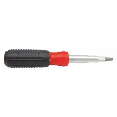 This multi-bit screwdriver includes 8 tips: Phillips (#1, #2), slotted (#10, 1/4 in), square (#15), and Torx (T10, T20). It is suited for general fastening tasks in maintenance, assembly, and repair applications.
