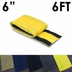 This fabric hook-and-loop cable floor cover is 6 ft long and 6 in wide, made of yellow nylon. It provides a non-slip surface for managing and protecting cables across walkways or work areas, reducing trip hazards.