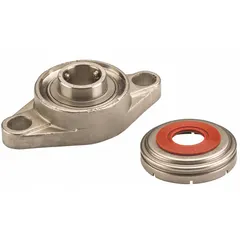 Two-bolt flange unit with 1 1/2 in cylindrical bore, stainless steel construction, and set screw locking. Lubricated with FDA/USDA-H1 solid grease for food-grade environments. Open cap design, 5/8 in mounting bolt size, overall dimensions 6 49/64 in length by 2 1/32 in width.
