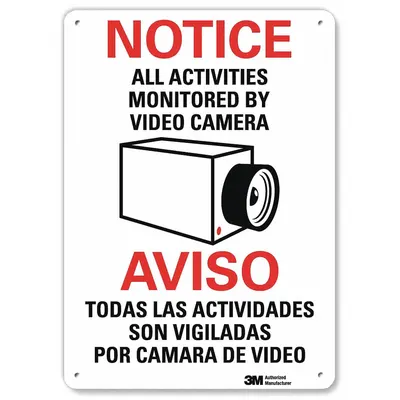 LYLE Notice Sign: Plastic, Mounting Holes Sign Mounting, 10 in x 7 in Nominal Sign Size - Notice/Aviso: All Activities Monitored By Video Camera/Aviso To Das Las Actividades Son Vigiladas Por Camara De Video Signs