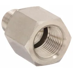 Steel hydraulic hose adapter with 3/4 in male NPTF by 1/2 in female NPTF connections. Rigid straight configuration for joining hydraulic components in fluid power systems.