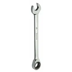 Alloy steel construction with chrome finish. Features an 8 mm hex open end and a ratcheting spline box end with offset head design. Overall length of 5 1/2 inches. Used for fastening and loosening hex fasteners in applications where space is limited.