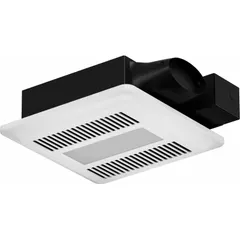 Wall-mount bathroom exhaust fan with integrated LED module and humidity sensor. Variable-speed motor delivers up to 110 cfm through a round duct connection. Includes backdraft damper and mounting bracket. Suitable for moisture and odor removal in bathrooms.