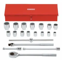 This 20-piece socket set includes 12-point SAE sockets ranging from 7/8 in to 2 in with a 3/4 in drive. Drive tools are included for immediate use. Suitable for heavy-duty fastening and loosening in industrial maintenance, automotive repair, and machinery assembly.
