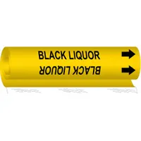 Yellow wrap-around pipe marker with black legend reading 'Black Liquor' and directional arrows. Fits pipe outer diameters from 2-1/2 to 7-7/8 inches. Used to identify pipes carrying black liquor in industrial process lines, ensuring clear hazard communication and flow direction