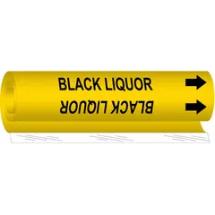 Yellow wrap-around pipe marker with black legend reading 'Black Liquor' and directional arrows. Fits pipe outer diameters from 2-1/2 to 7-7/8 inches. Used to identify pipes carrying black liquor in industrial process lines, ensuring clear hazard communication and flow direction.