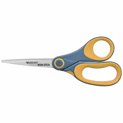 WESTCOTT Scissors: Ambidextrous, 8 in Overall Lg, Straight, Titanium Bonded, Pointed - Plastic-Handle Scissors