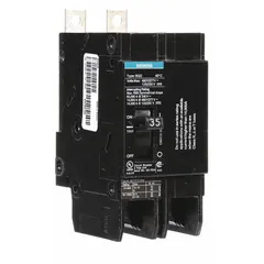 The SIEMENS BQD235 is a 2-pole miniature circuit breaker rated 35 A at 480V AC with a 14kA interrupting capacity. It features a bolt-on connection and is used for overcurrent protection in electrical distribution systems, such as panelboards and load centers.