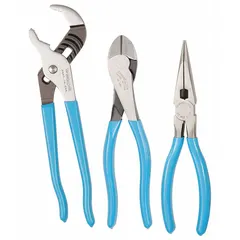 This three-piece pliers set includes an 8-inch high-leverage diagonal cutting plier and a long-nose plier, each with standard cushion grips for manual use. Suitable for general cutting and gripping tasks in maintenance, electrical work, and assembly. Pliers range covers sizes 2 through 5.